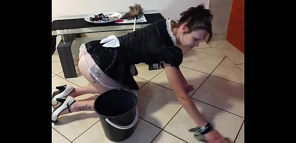  French maid gets piss in her face and cleans it